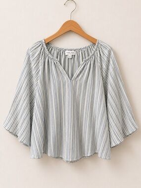 Michael Stars Blue, Green, White Striped Cleo V-Neck 100% Cotton Peasant Tunic